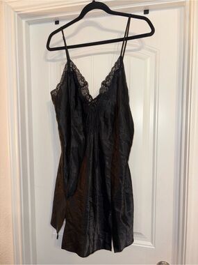 Frederick's of Hollywood Black Satin Lace Chemise with Tie Front